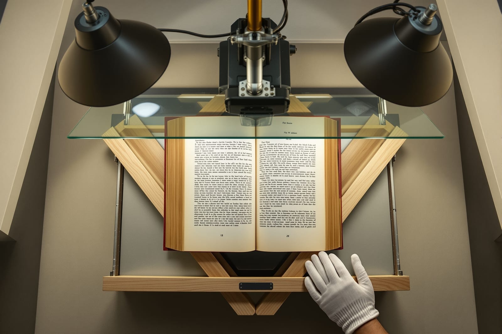 A reference volume held open in a V-shaped book cradle under diffused lamps with a camera arm overhead