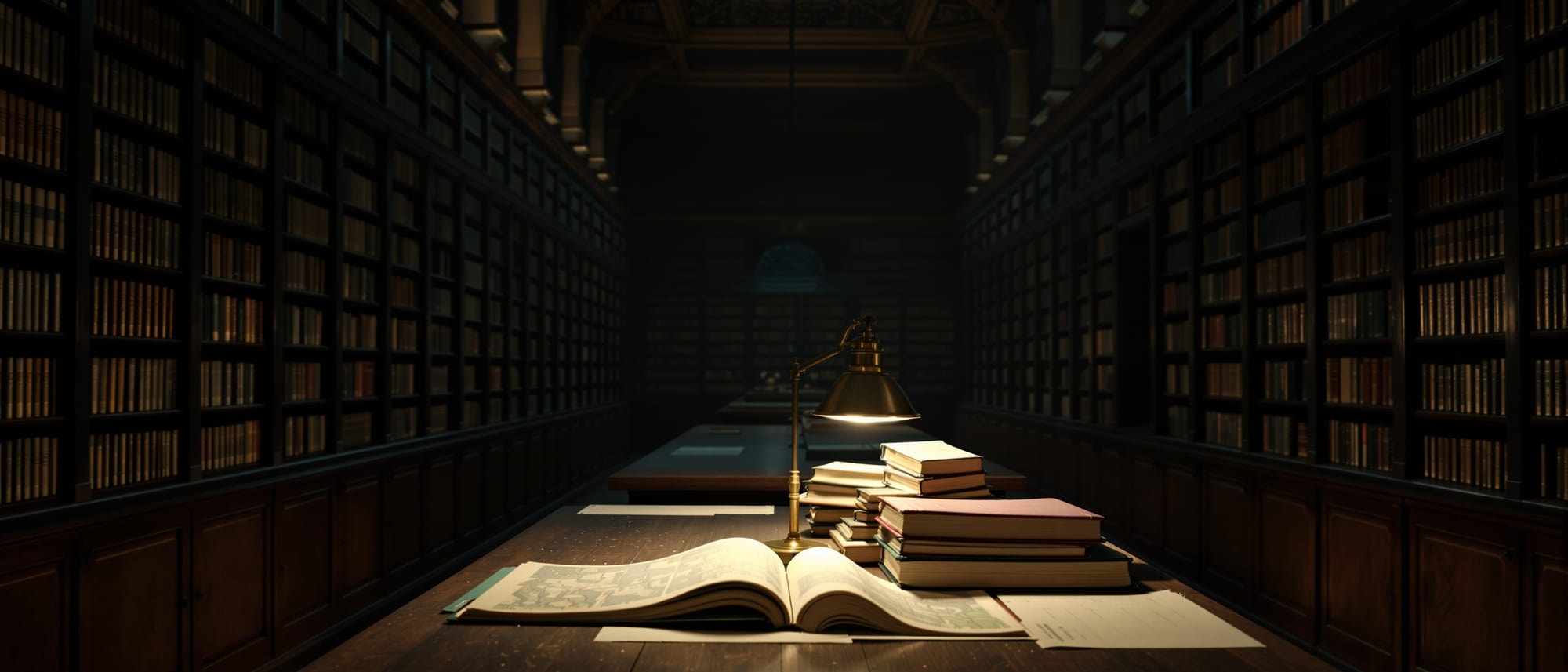 An empty library reading room at dusk with oak catalogue cabinets and a lamp lit over a table of open volumes and rolled maps