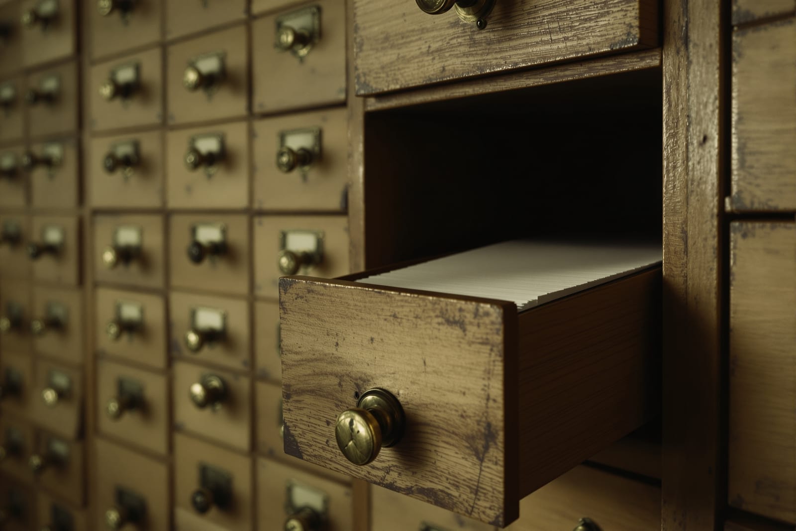 A wall of wooden card-index drawers with one open, revealing tightly packed index cards
