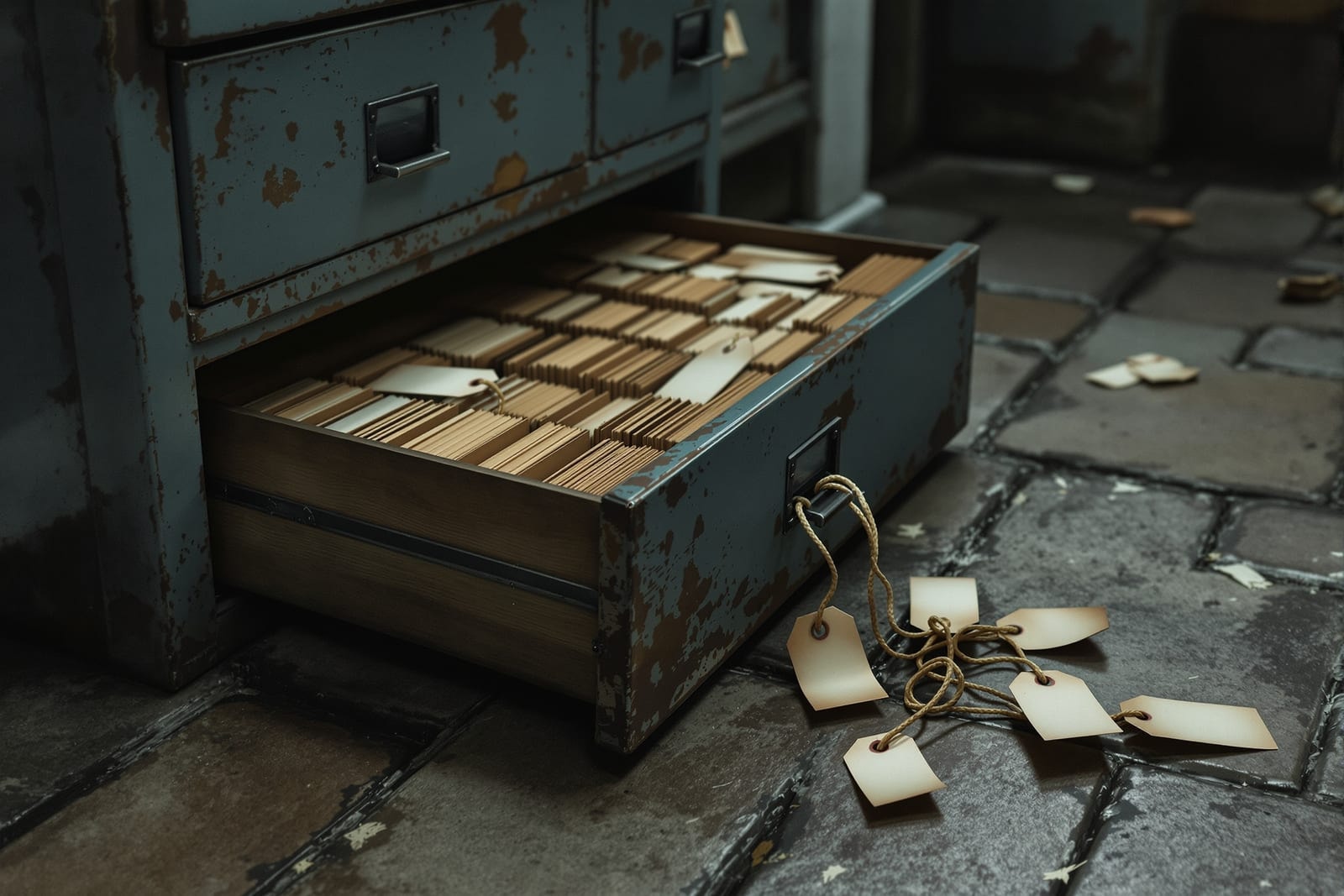 A weathered index card drawer open in a basement with warped cards and a broken chain of paper tags