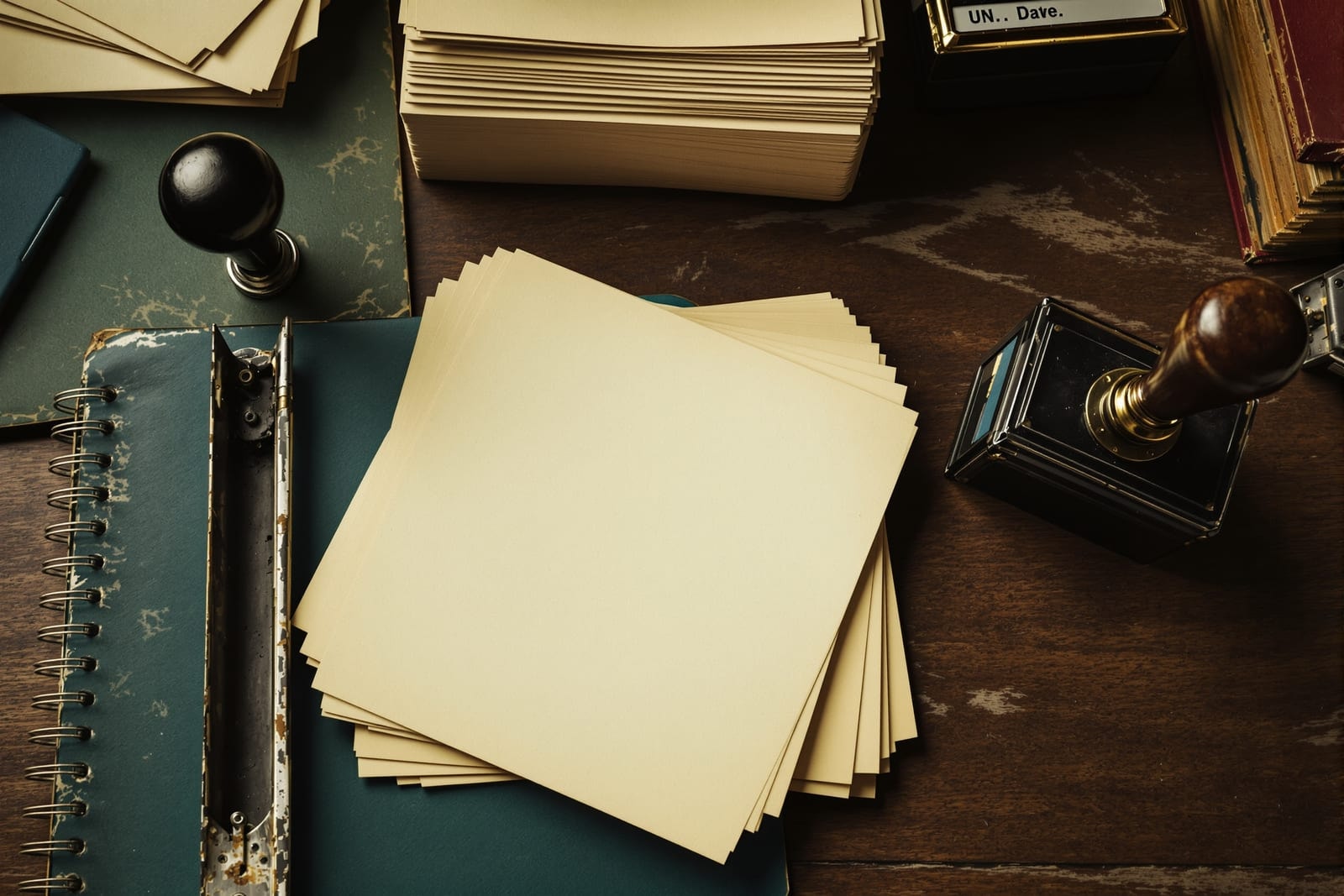 Blank catalogue cards, a date stamp and a steel sorting rod on a worn green desk blotter