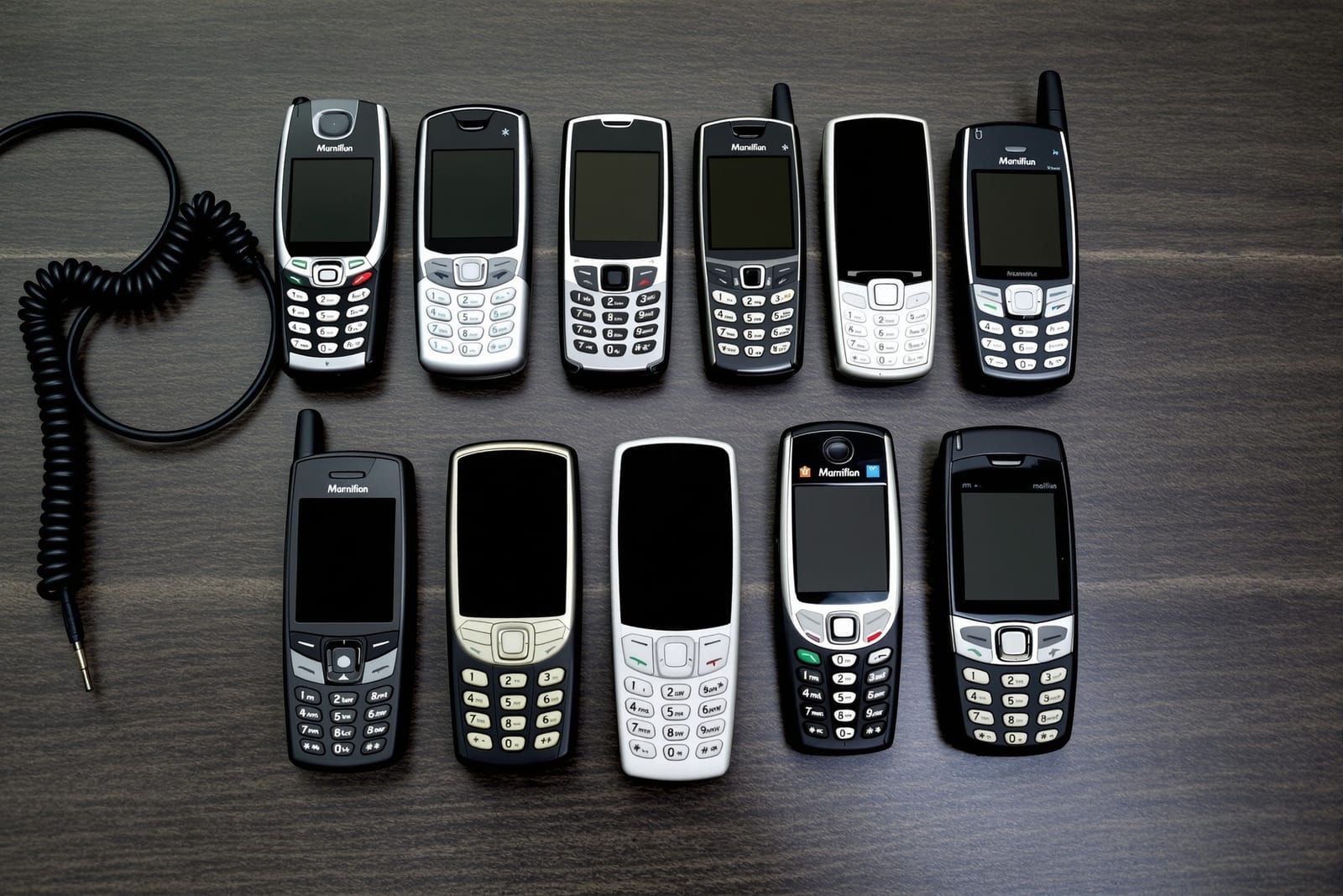 Eleven early 2000s mobile phones with blank screens arranged in two rows on a dark wooden desk beside a coiled data cable