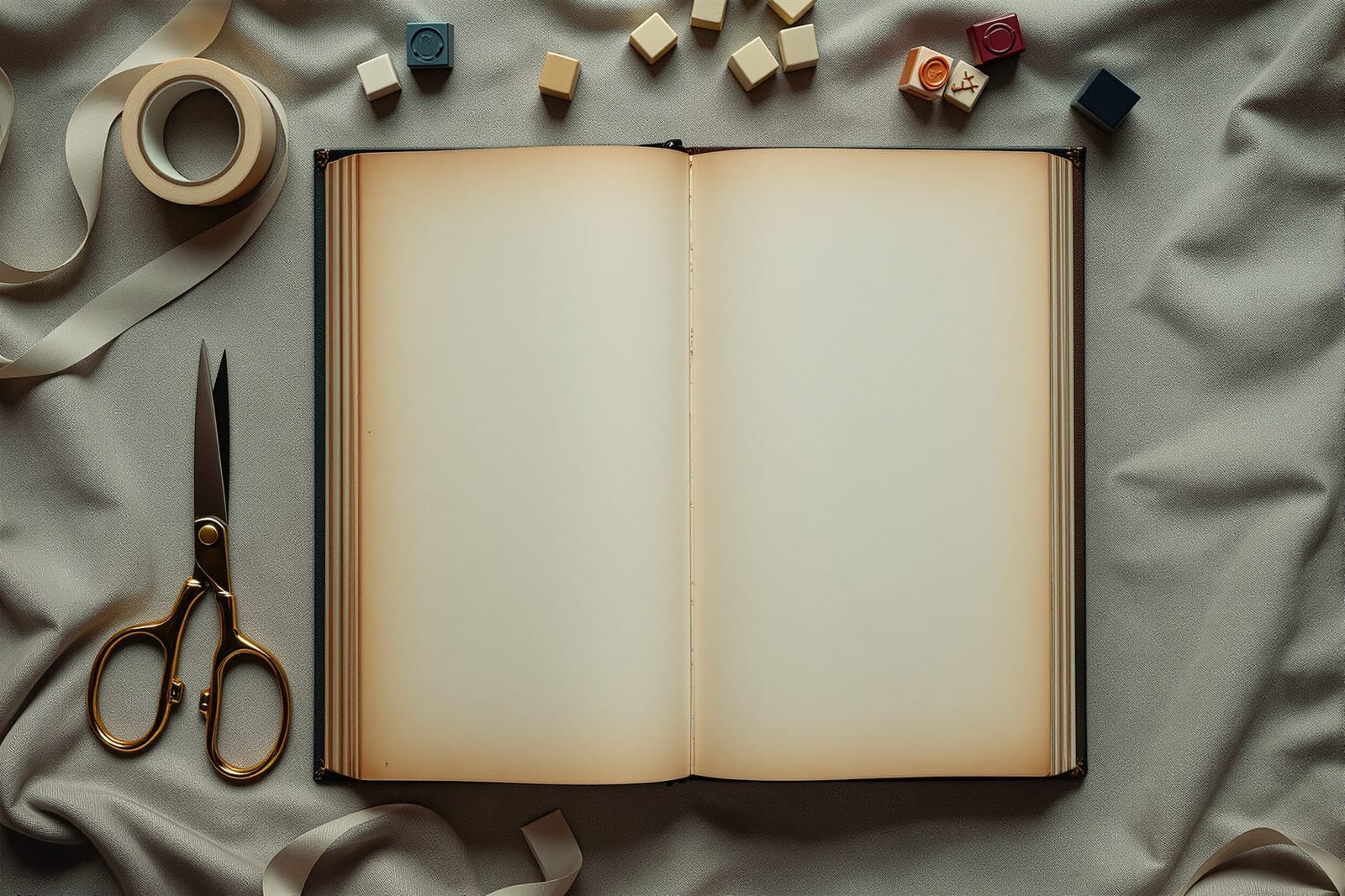 An old paperbound volume open face-down beside scissors, gummed tape and blank rubber stamps