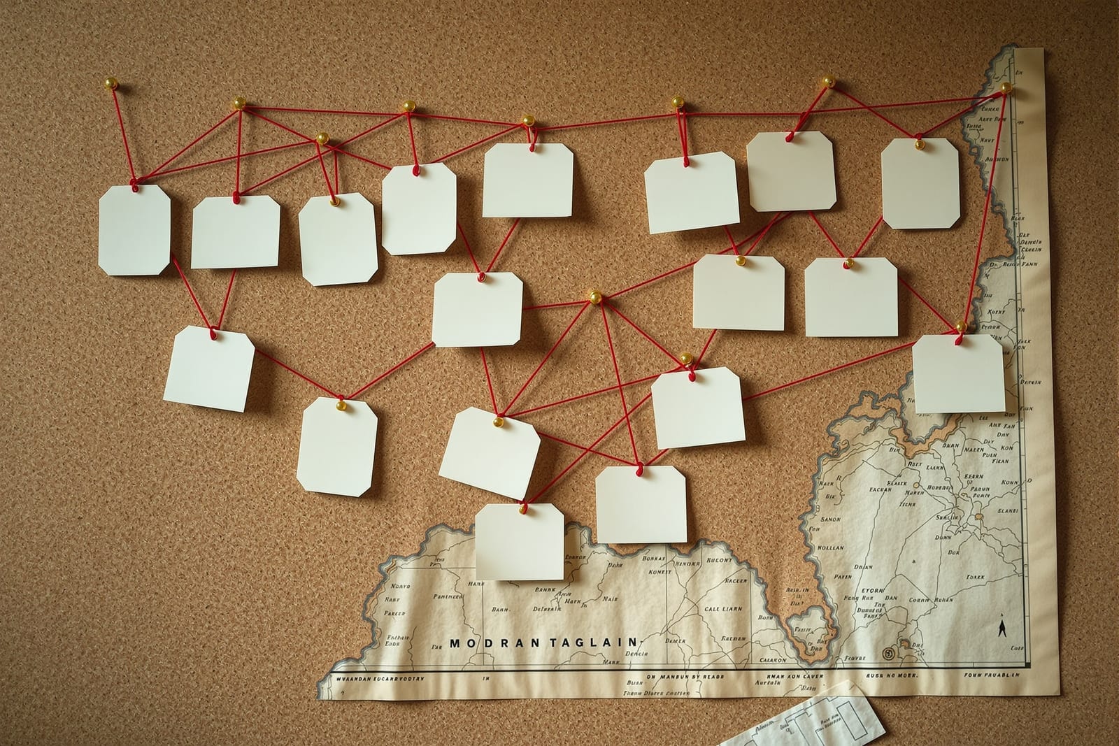 A cork board of blank paper tags linked by red thread over a pale topographic chart
