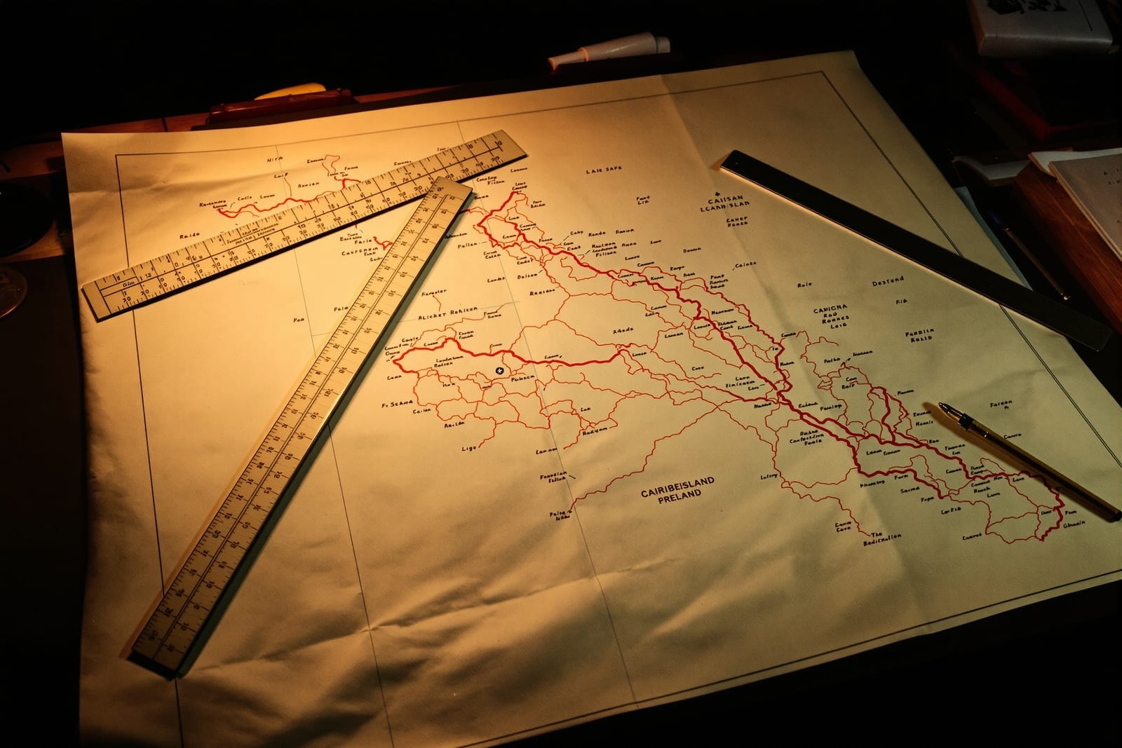 An island road map spread on a drafting table with dividers, a scale rule and a tracing-paper overlay of hand-drawn routes